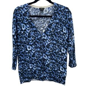 Talbots Blue Black Animal Leopard Print Italian Merino Wool Cardigan Sweater MP
